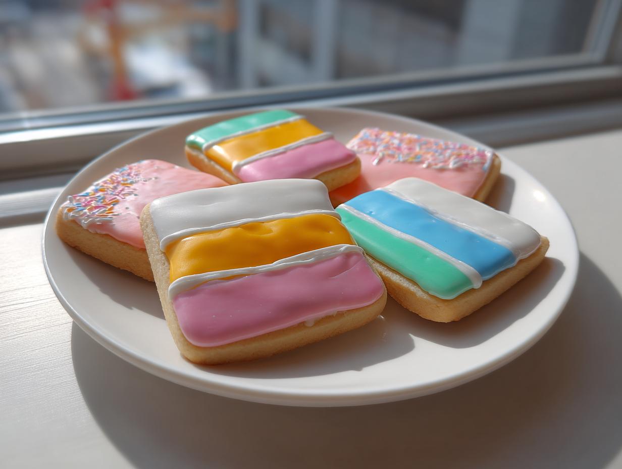 Five square sugar cookies with vibrant, smooth sugar cookie icing designs, resting on a white plate near a window.