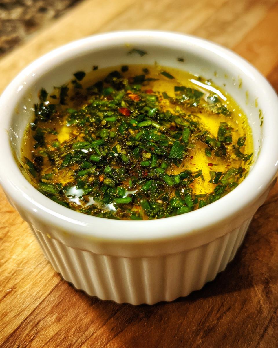 A close-up of vibrant green herbs and spices floating in melted butter, ready to serve as cowboy butter dipping sauce.