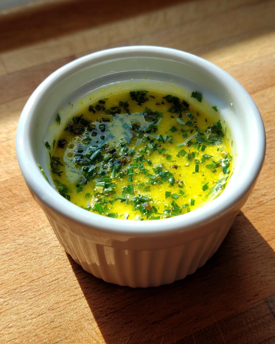 Close-up of vibrant yellow cowboy butter dipping sauce topped with fresh green herbs in a white ramekin.