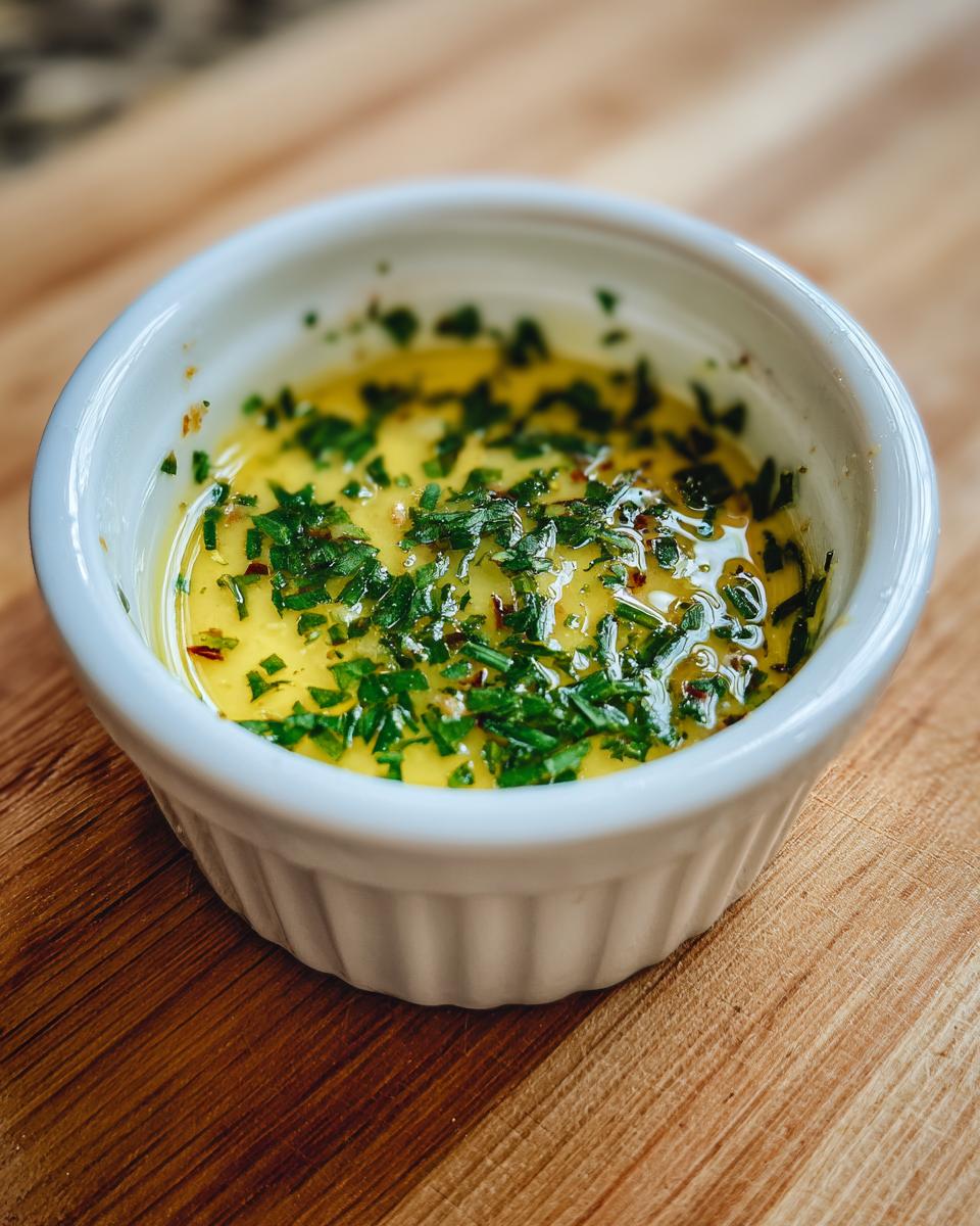 Close-up of melted cowboy butter dipping sauce with herbs and spices in a small white ramekin.