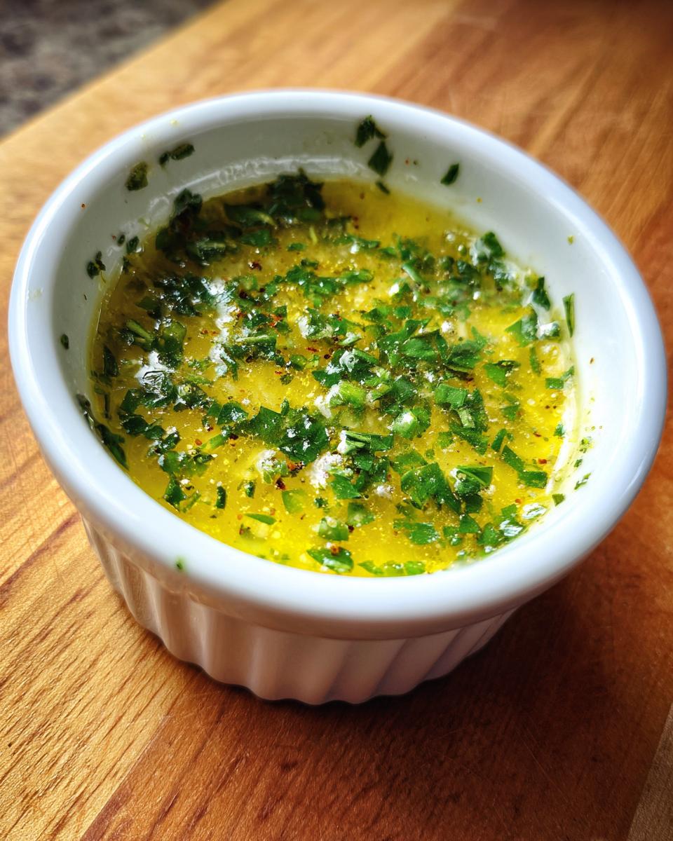 Close-up of melted butter with herbs and spices, ready to serve as cowboy butter dipping sauce.