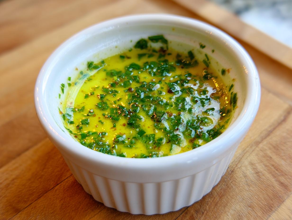 Close-up of melted cowboy butter dipping sauce, bright yellow with green herbs, in a white fluted ramekin.