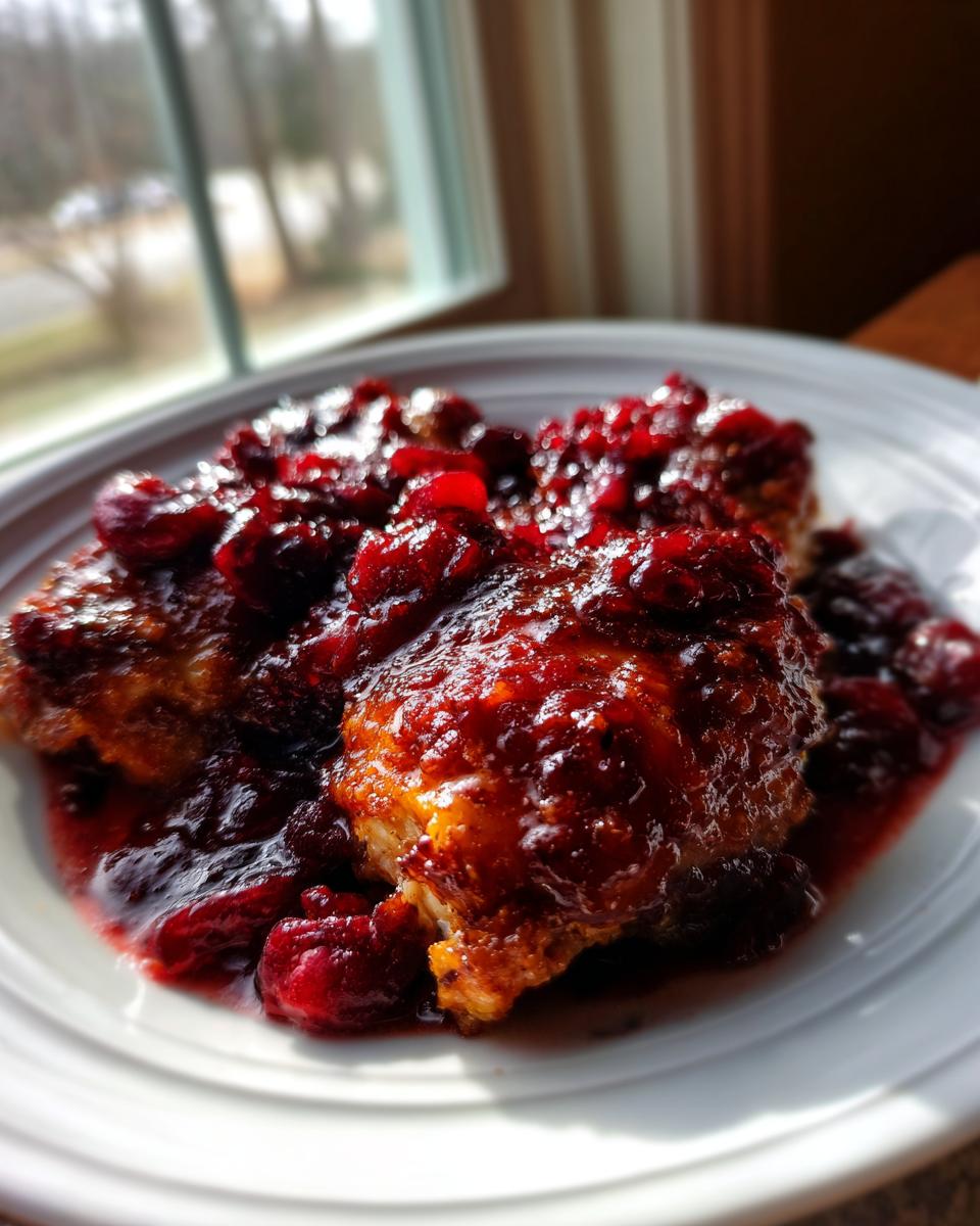 Close-up of baked chicken pieces smothered in a thick, glossy cranberry sauce, showcasing the cranberry chicken recipe.