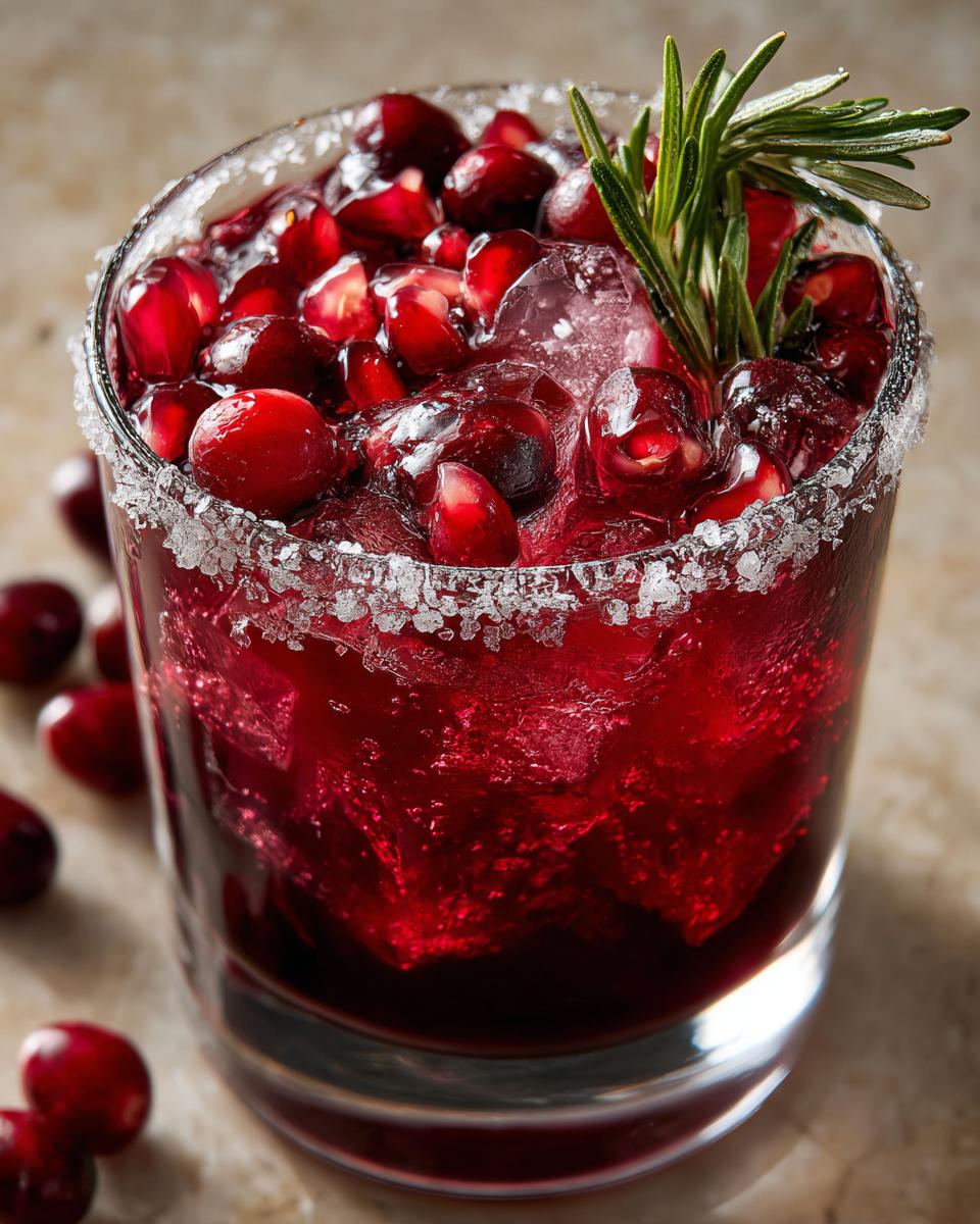 Close-up of a vibrant Cranberry Pomegranate Margarita topped with pomegranate seeds and a rosemary sprig.