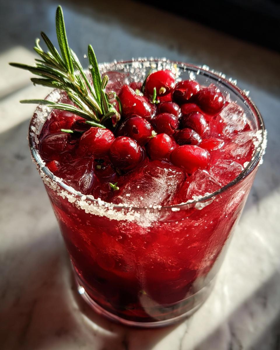 A vibrant, deep red cranberry pomegranate margarita served over ice, garnished with fresh cranberries and a sprig of rosemary.