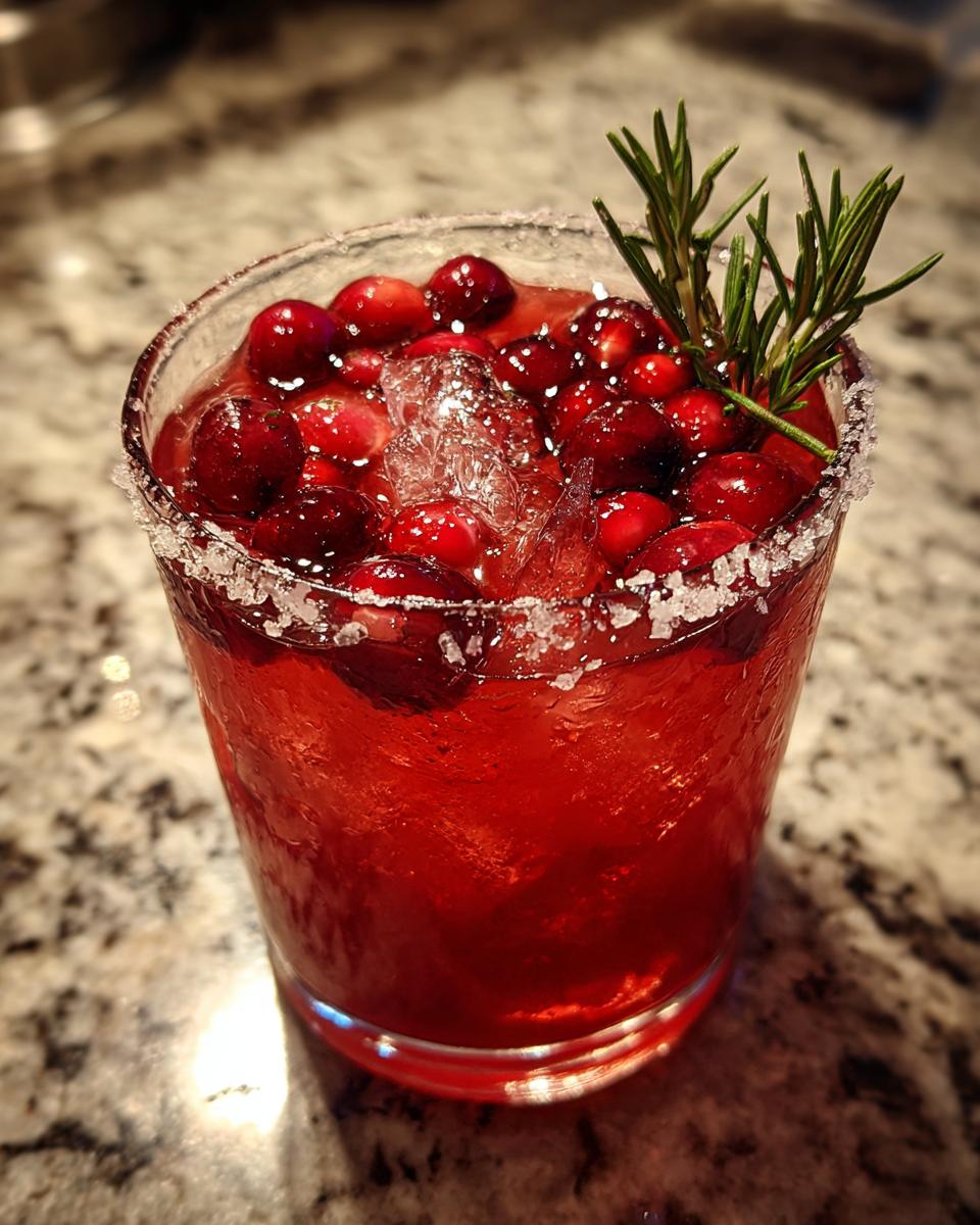 A bright red cranberry pomegranate margarita garnished with fresh cranberries and a sprig of rosemary.
