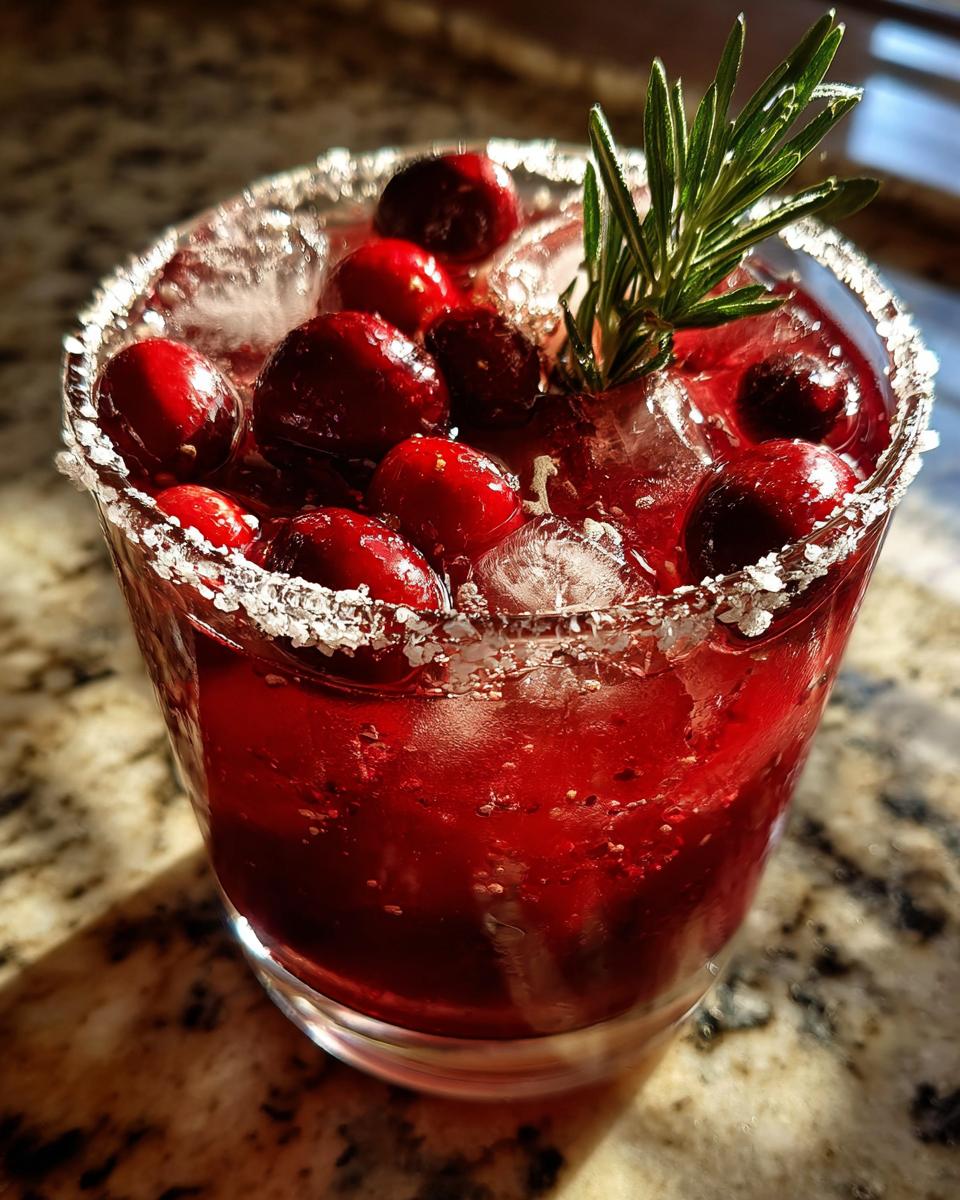 A vibrant red cranberry pomegranate margarita served on the rocks with whole cranberries and a rosemary sprig garnish.