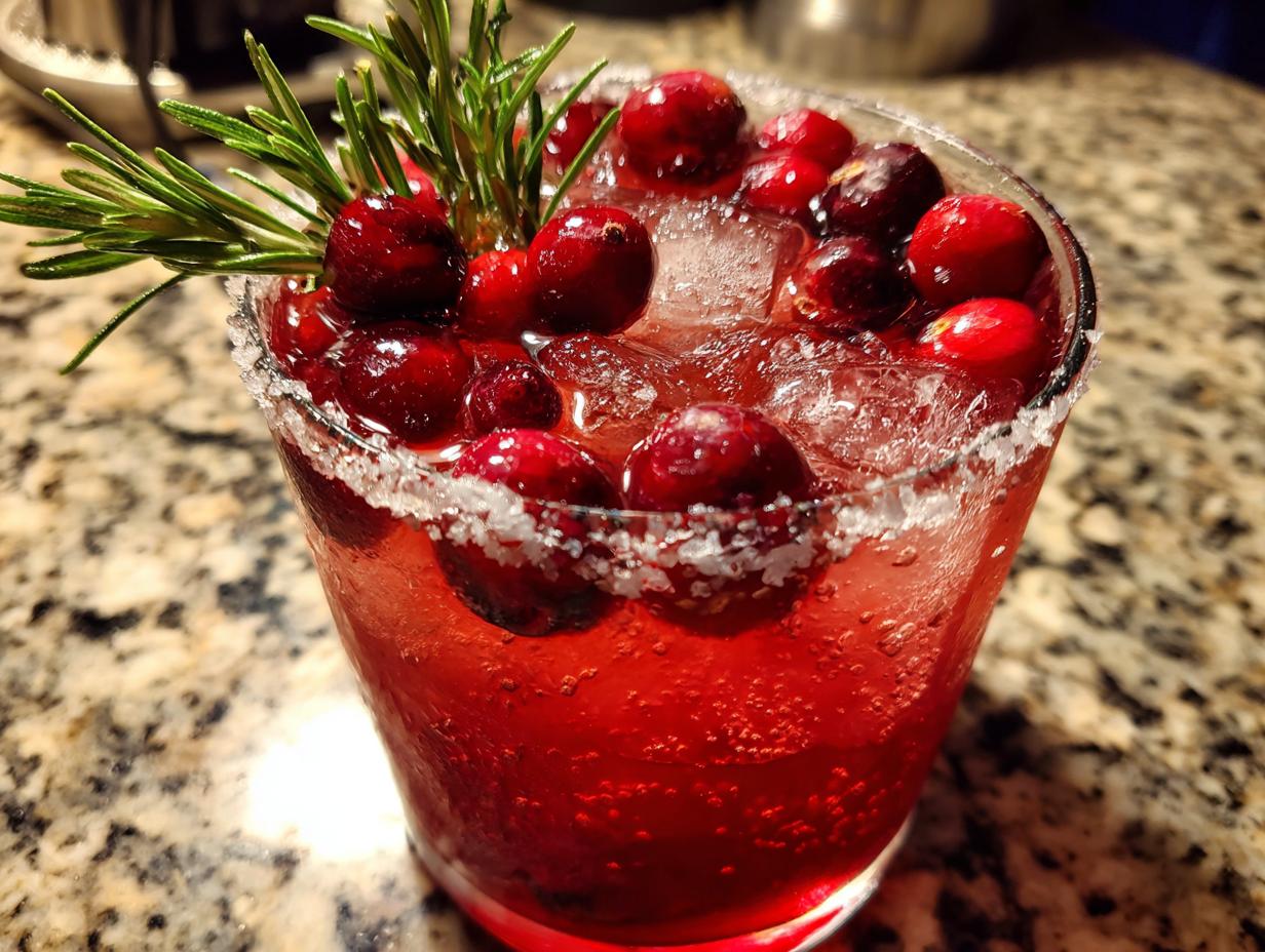 Close-up of a festive cranberry pomegranate margarita garnished with fresh cranberries and rosemary.