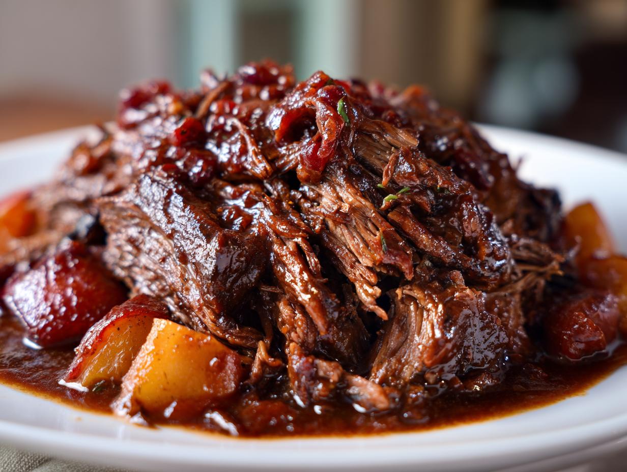A close-up of tender, shredded cranberry pot roast covered in a rich, dark sauce with chunks of cooked fruit.