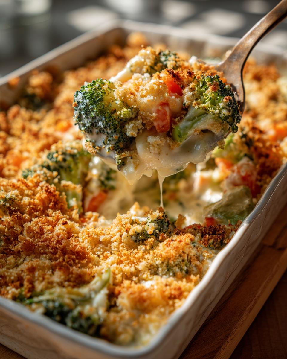 A wooden spoon lifts a serving of creamy vegetable casserole featuring broccoli florets and a golden breadcrumb topping.