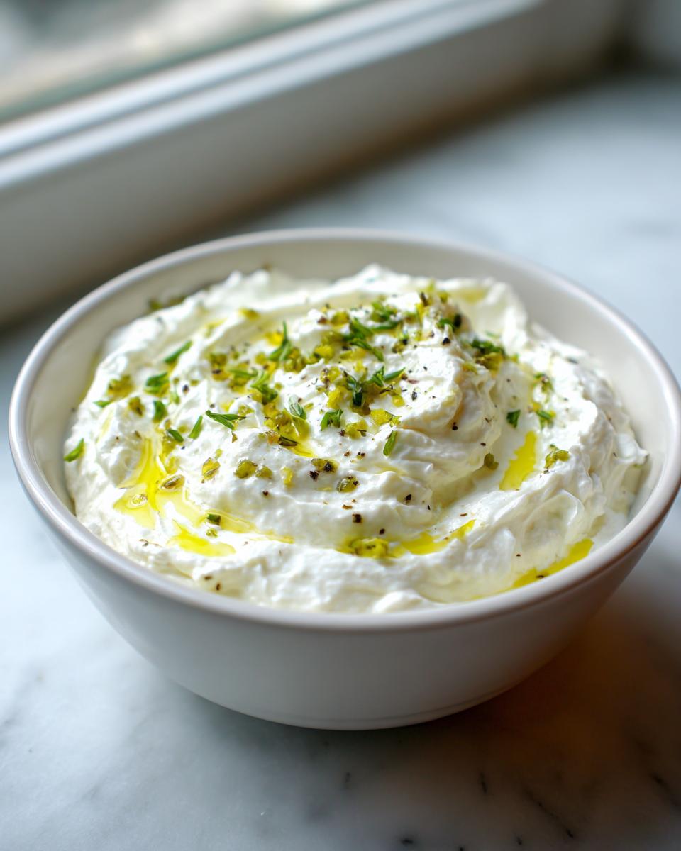 A white bowl filled with creamy dirty martini dip, topped with chopped olives, herbs, and olive oil.