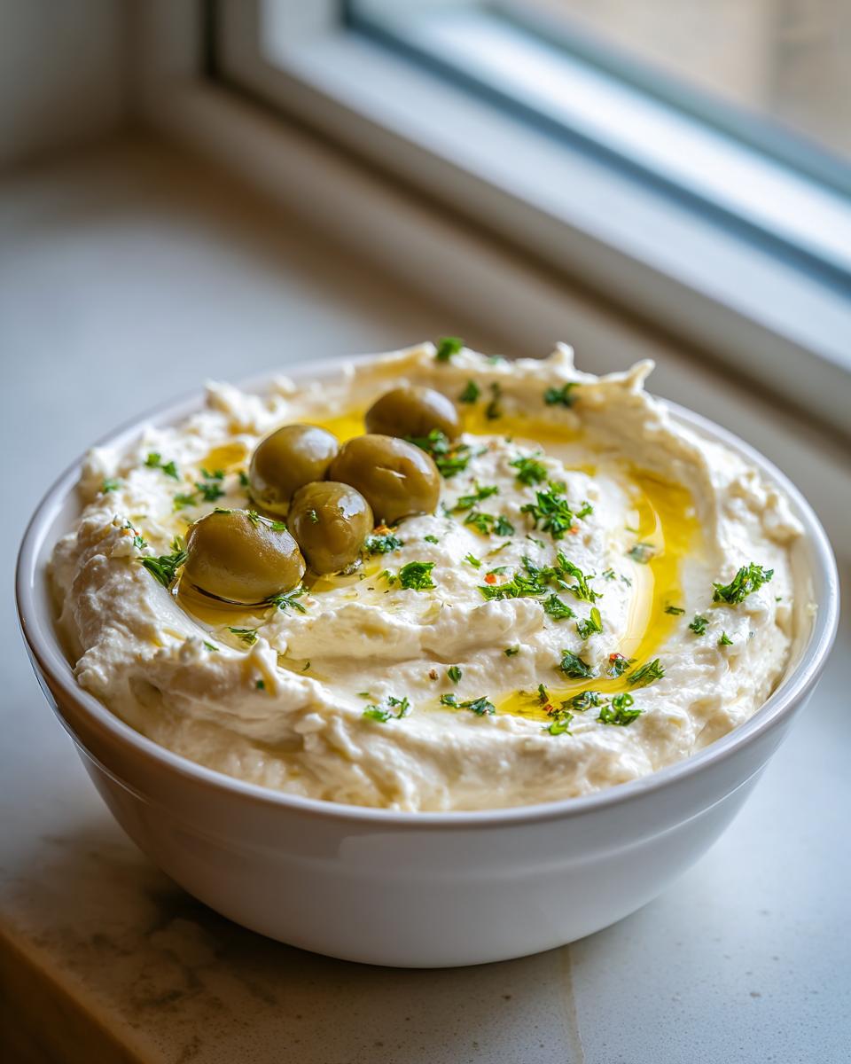 A white bowl filled with creamy dirty martini dip, garnished with green olives, olive oil, and fresh parsley.