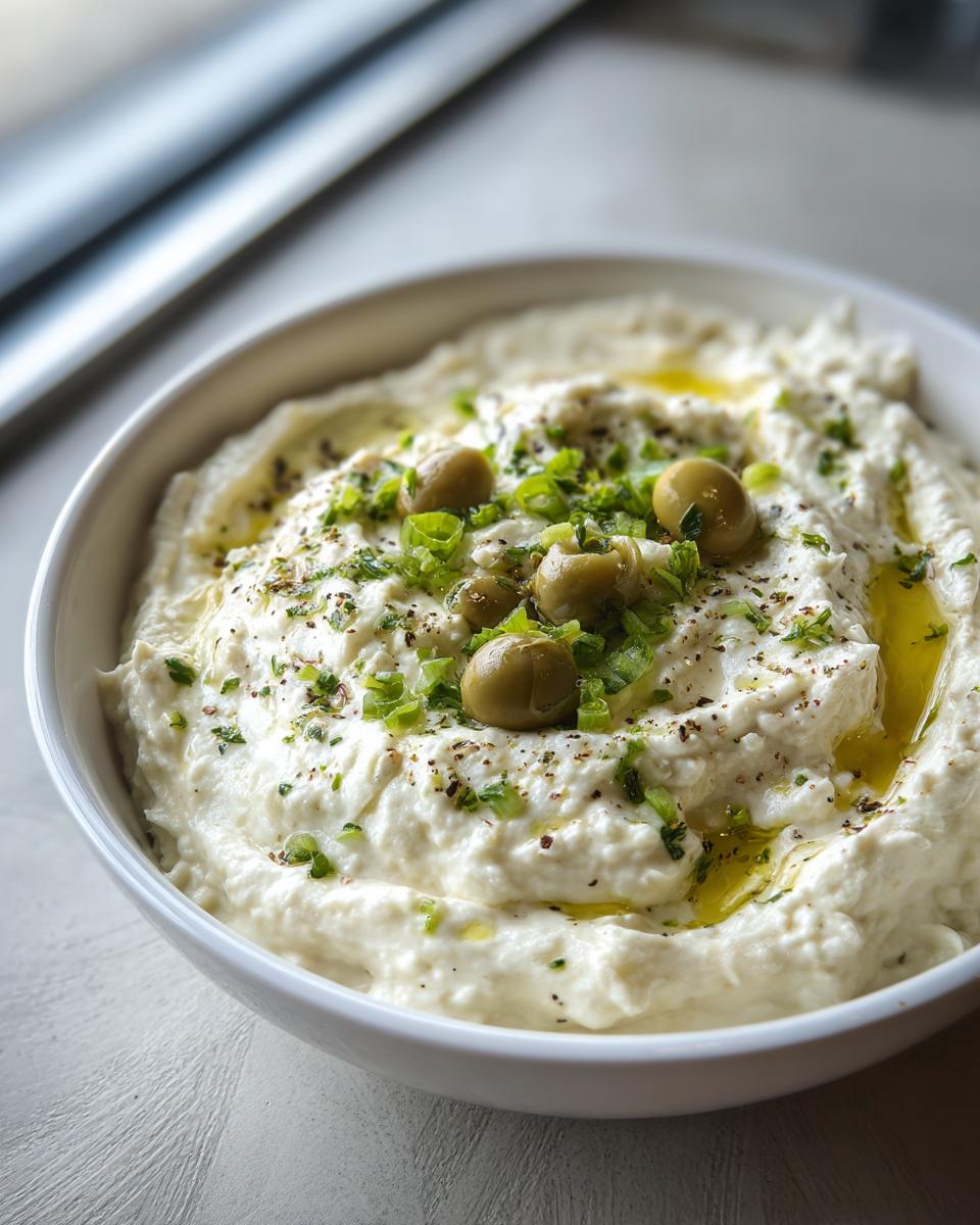 A white bowl filled with creamy dirty martini dip, garnished with green olives, chopped scallions, and olive oil.