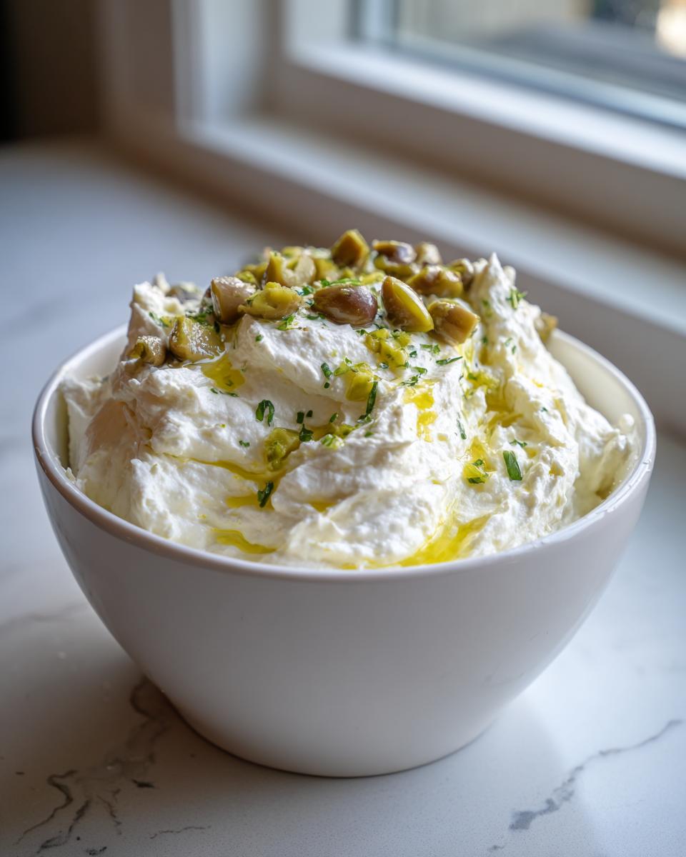 A white bowl filled with creamy white dip, topped with chopped green olives and olive oil, ready to serve as a dirty martini dip.