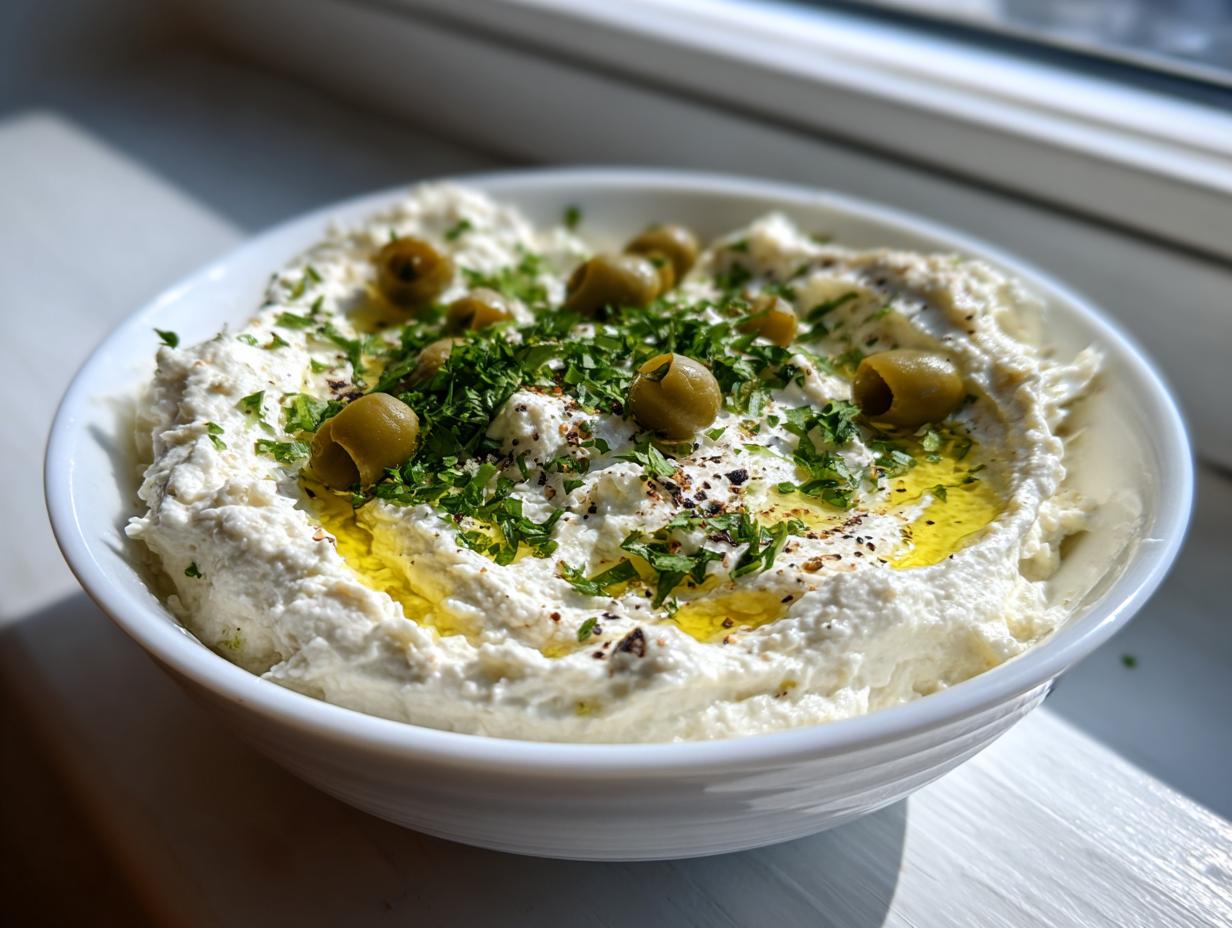 A bowl of creamy white dirty martini dip garnished with green olives, fresh parsley, and olive oil.