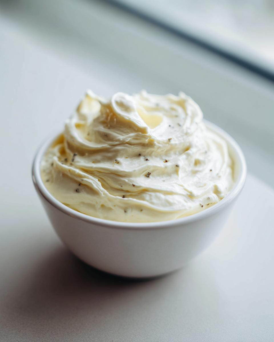 A small white bowl filled with fluffy, homemade garlic aioli, showing flecks of seasoning.