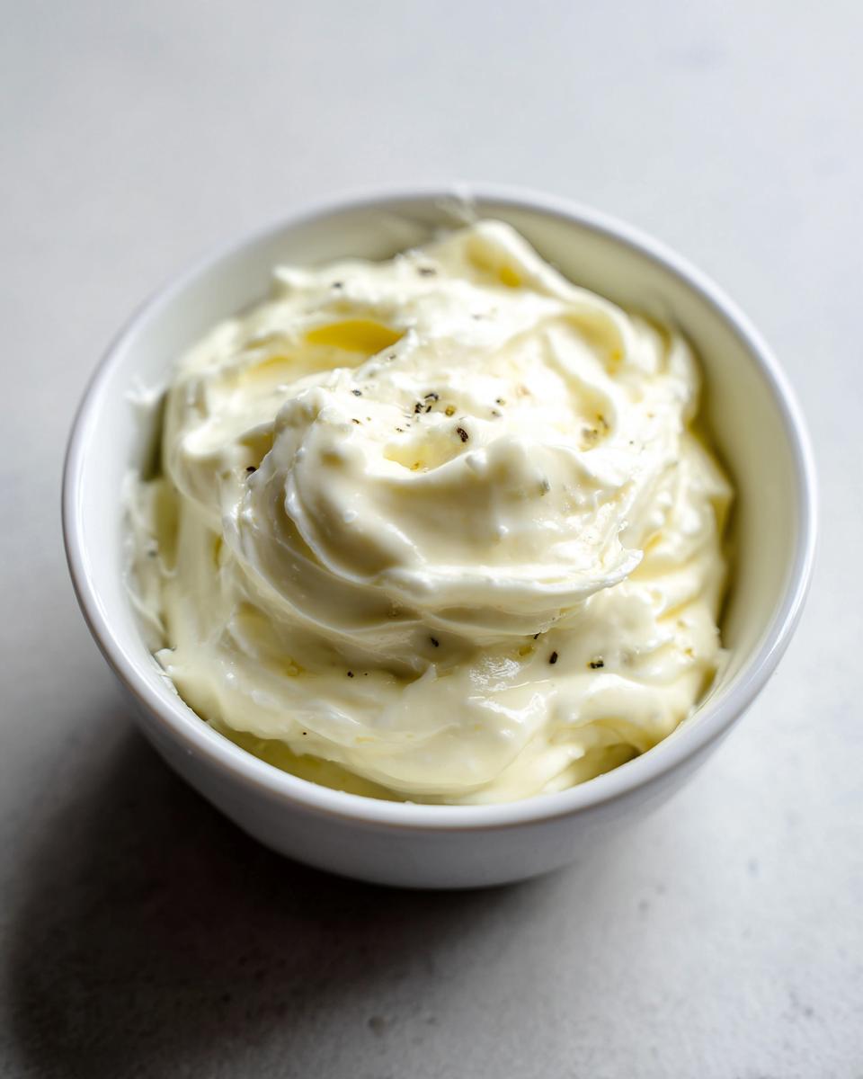 A close-up of thick, creamy garlic aioli, lightly seasoned with black pepper, served in a small white bowl.