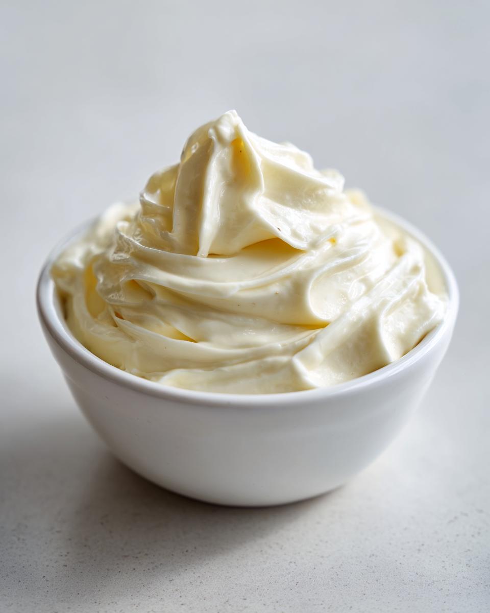 A small white bowl filled with freshly made, creamy garlic aioli, swirled high.