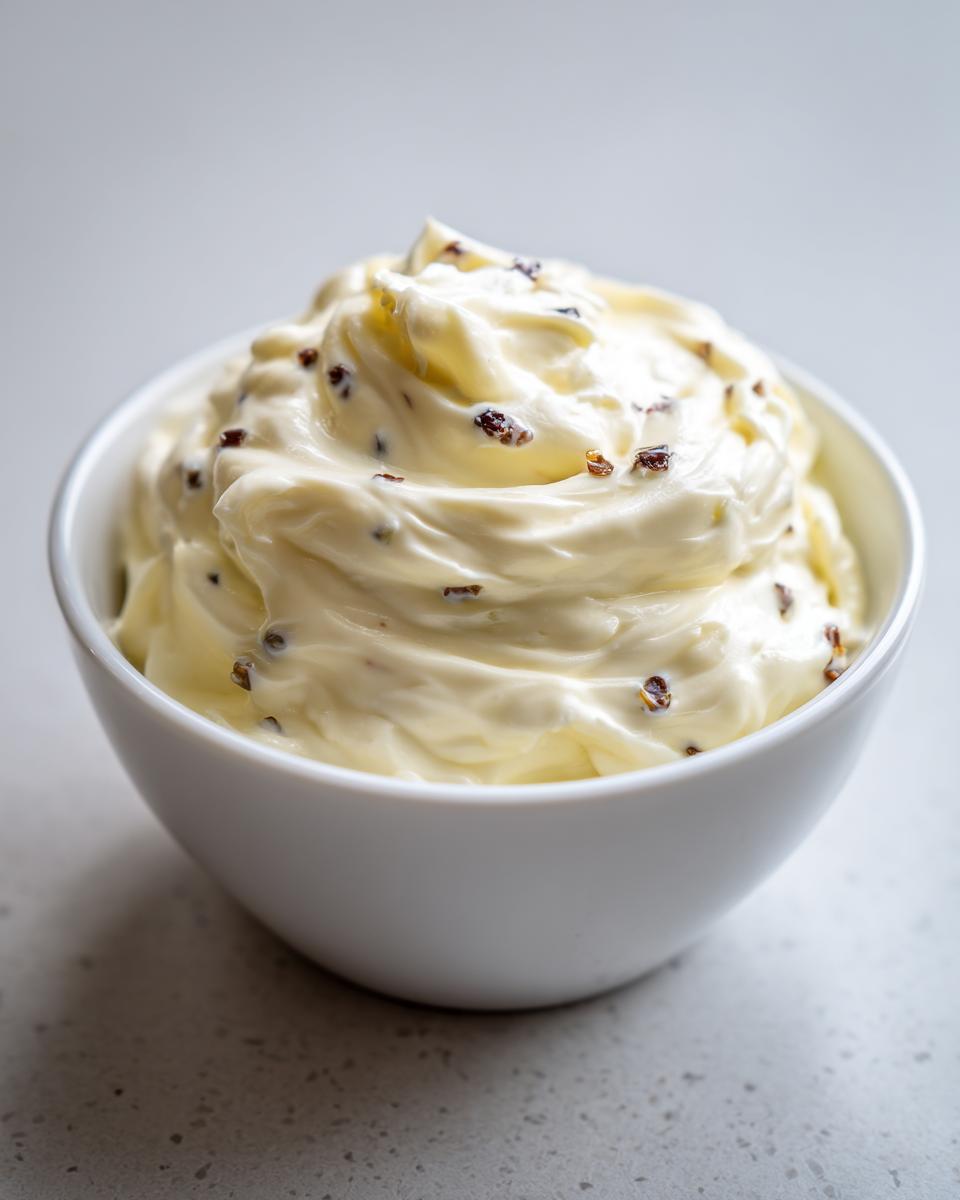 A close-up of thick, creamy garlic aioli swirled high in a small white bowl, speckled with dark seasonings.