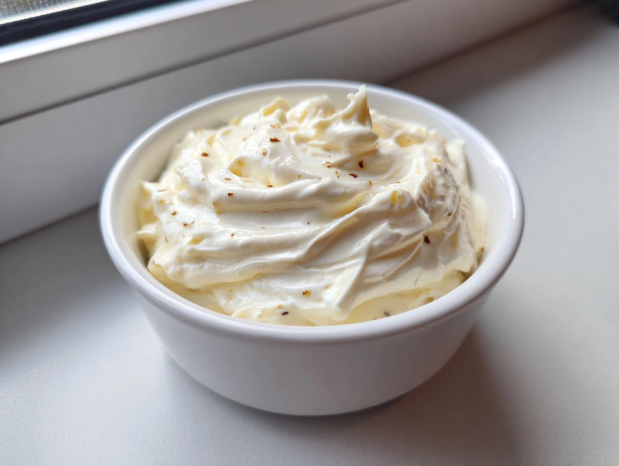 A close-up of thick, creamy garlic aioli swirled in a small white bowl, lightly seasoned.
