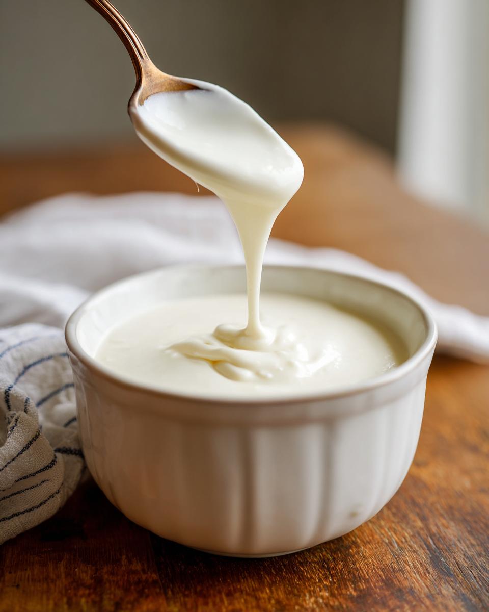 A spoonful of creamy white garlic sauce drips back into a white bowl on a wooden surface.