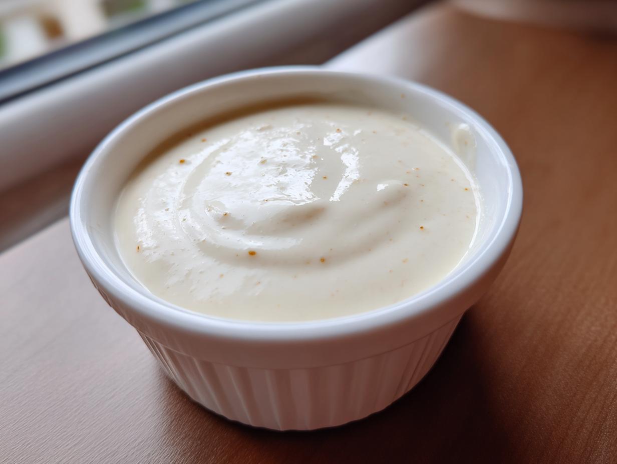 A close-up of thick, creamy garlic sauce served in a small white fluted ramekin.