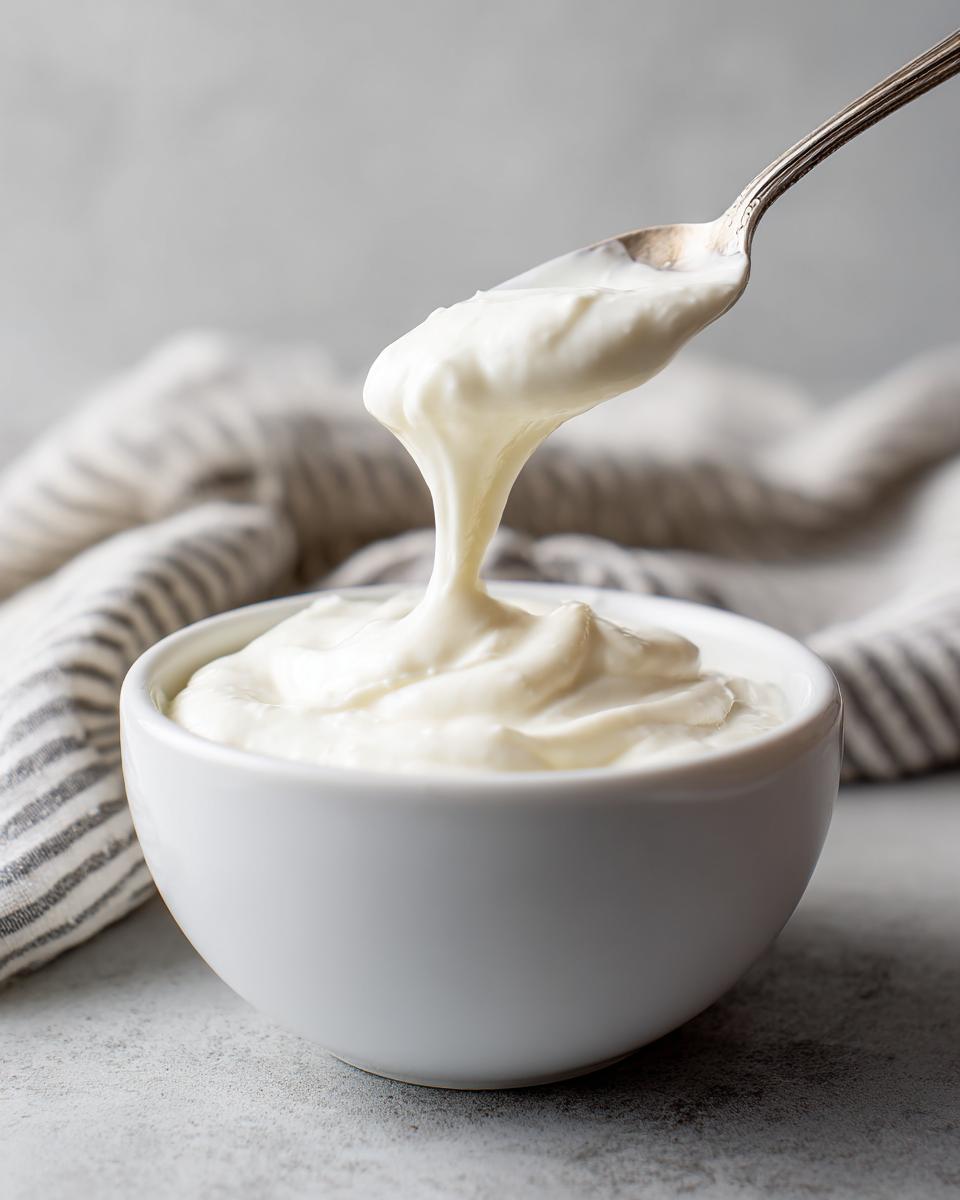 A spoonful of thick, creamy white garlic sauce is dripping back into a white bowl.