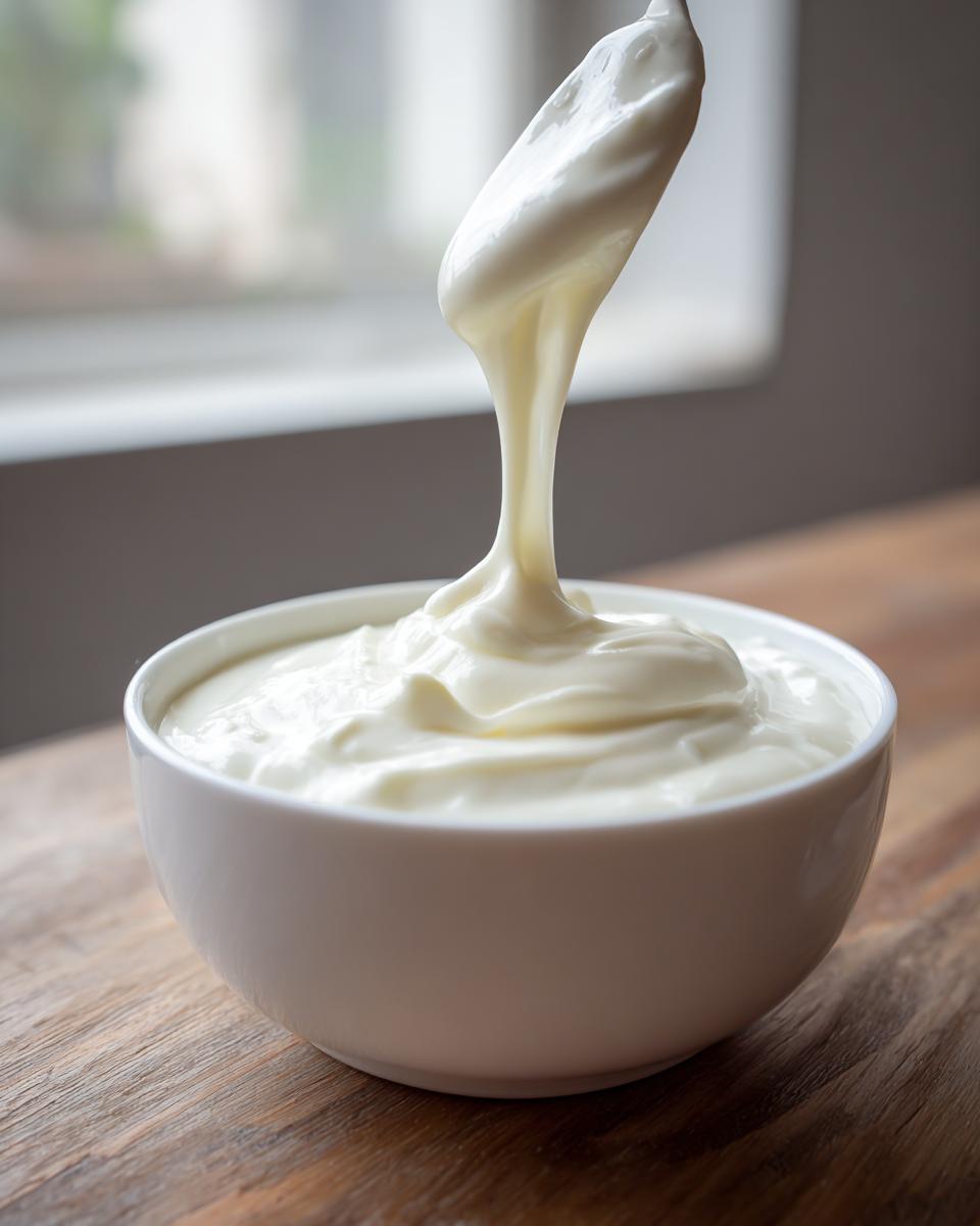 A spoonful of thick, creamy garlic sauce being lifted from a white bowl on a wooden surface.