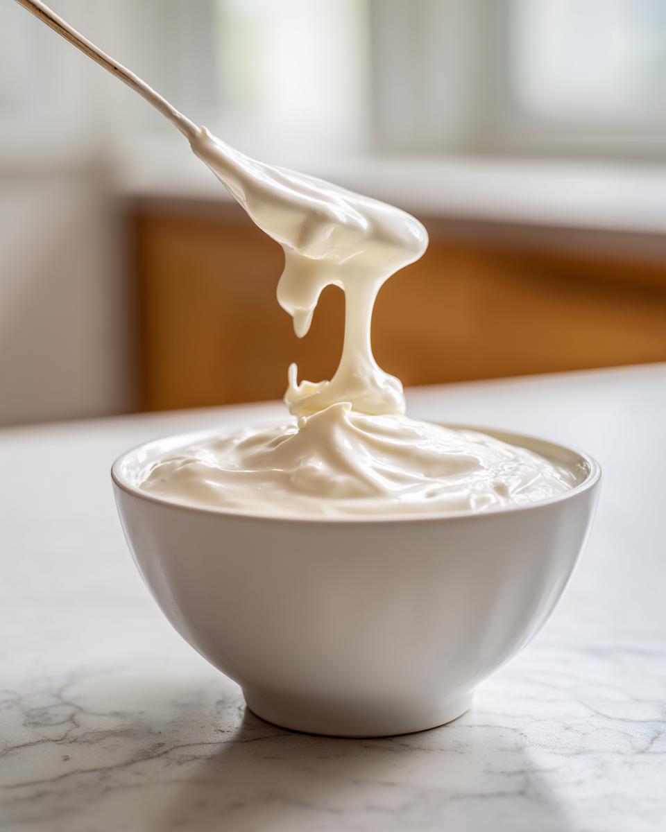 A spoonful of thick, white, creamy garlic sauce dripping back into a white bowl.