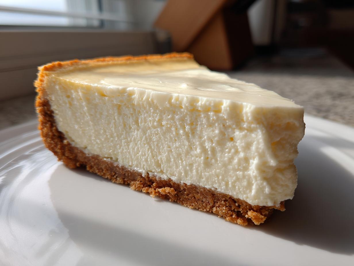 Close-up of a thick slice of creamy Keto cheesecake showing the graham cracker crust and rich filling.