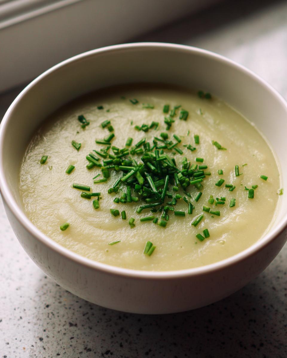 A close-up of a bowl of creamy, pale leek soup garnished generously with fresh, chopped green chives.