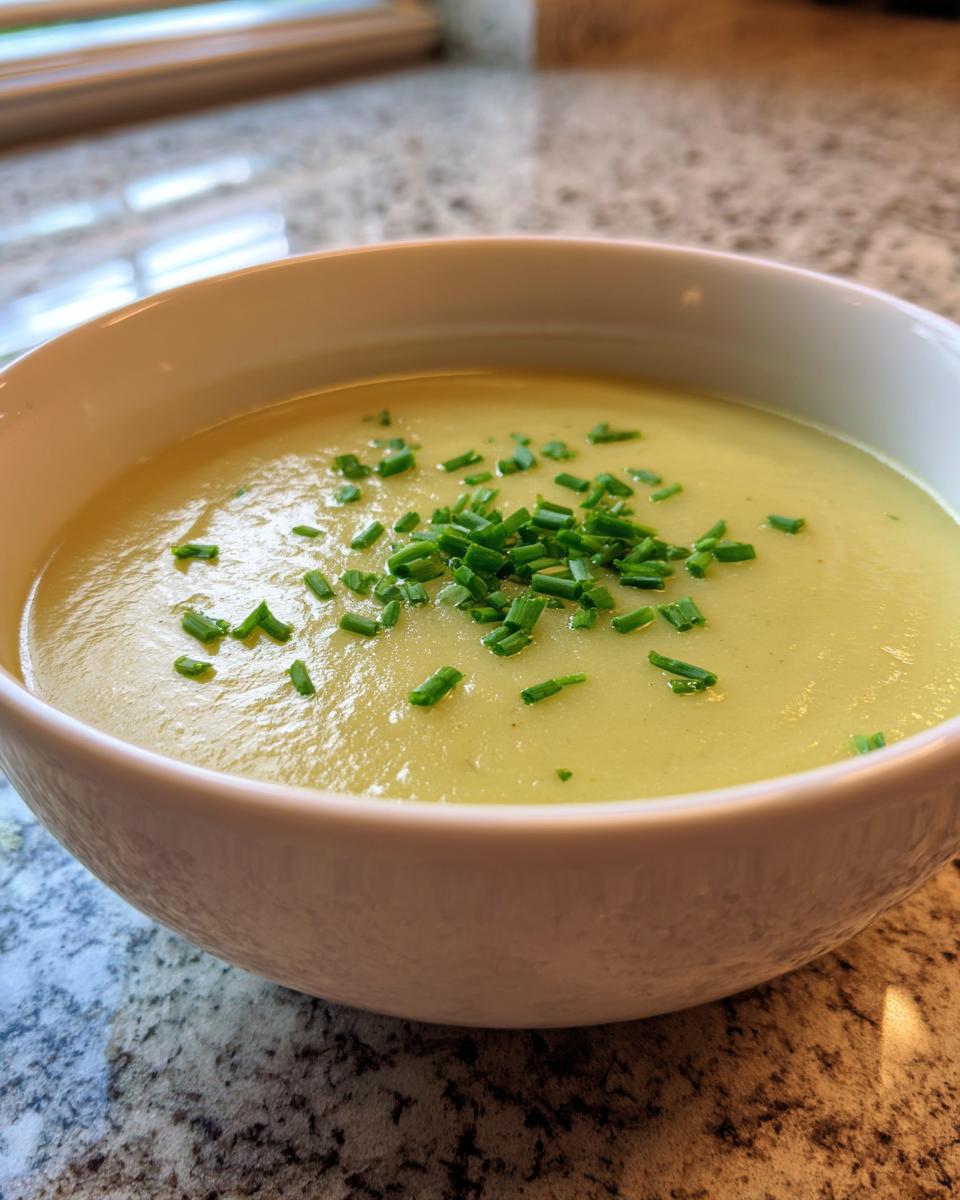 A close-up of a white bowl filled with creamy, pale yellow leek soup, topped with fresh green chives.