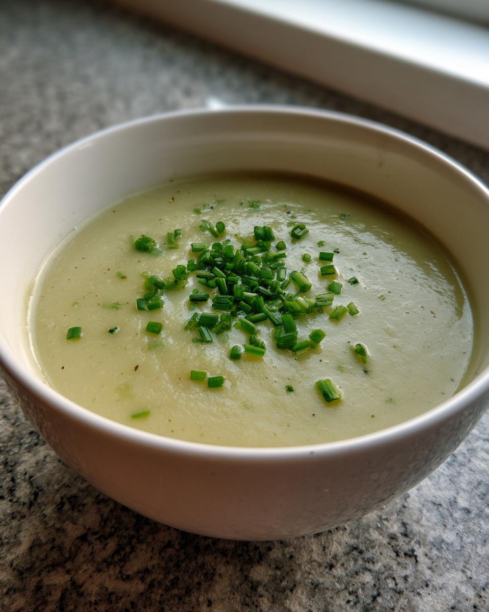 A close-up of a bowl of creamy, pale green leek soup topped generously with freshly chopped chives.