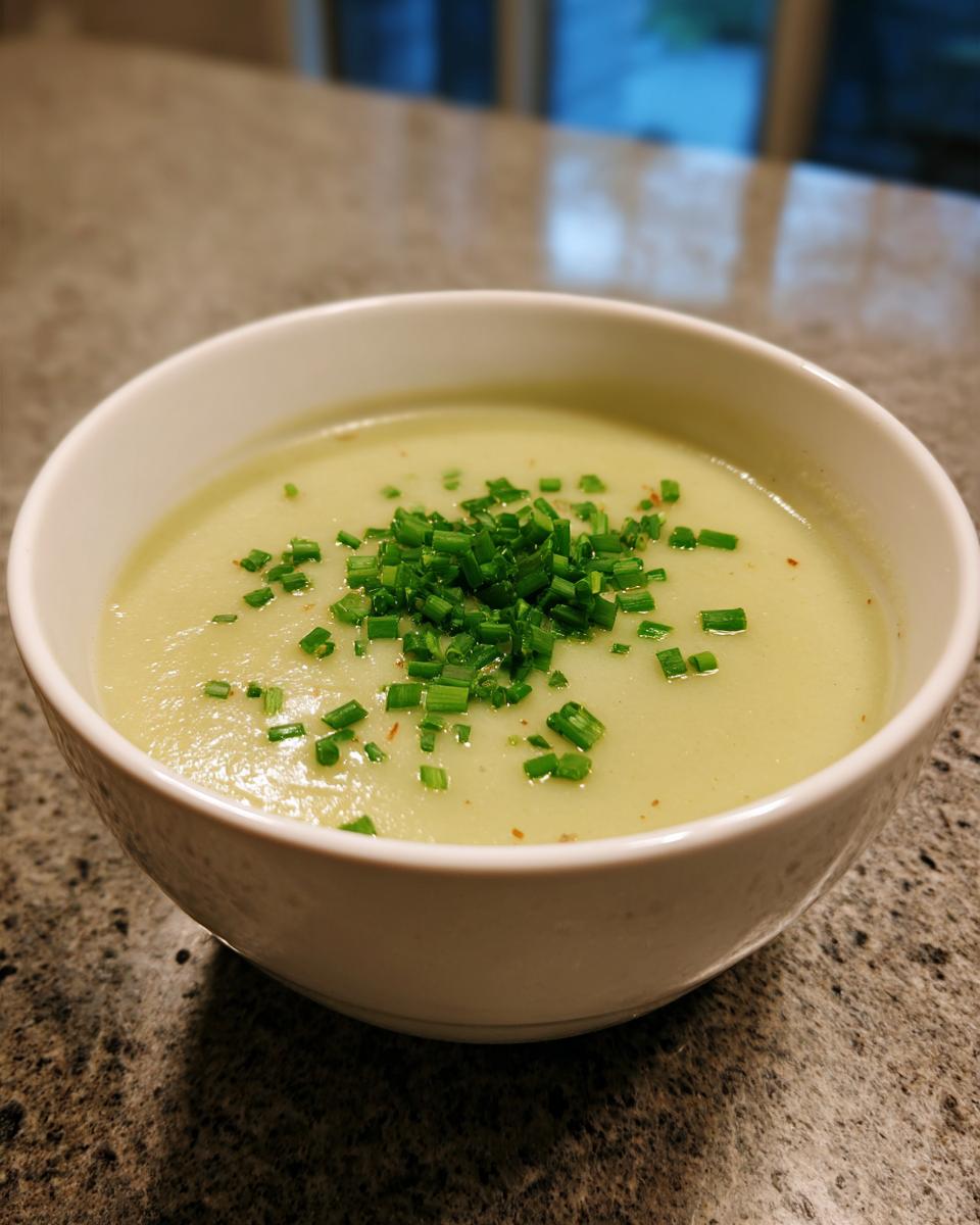 A close-up of creamy, pale green leek soup in a white bowl, garnished generously with fresh chopped chives.