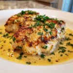 Two golden-brown pieces of creamy lemon chicken resting in a rich, yellow sauce and topped with fresh chopped parsley.