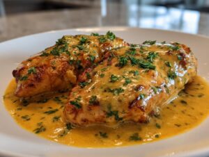 Two golden-brown chicken breasts smothered in a rich, creamy lemon sauce and topped with fresh parsley.