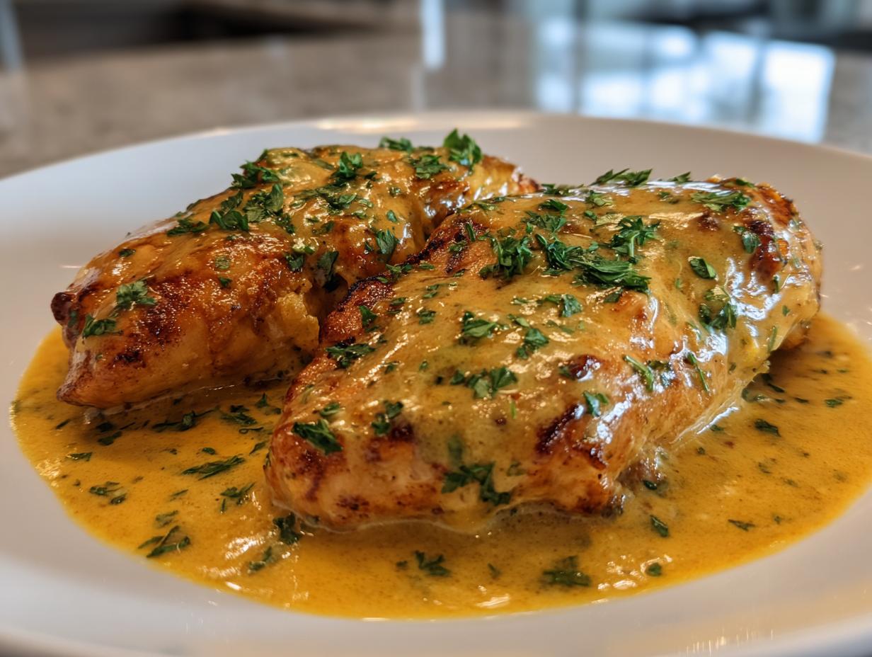 Two golden-brown chicken breasts smothered in a rich, creamy lemon sauce and topped with fresh parsley.