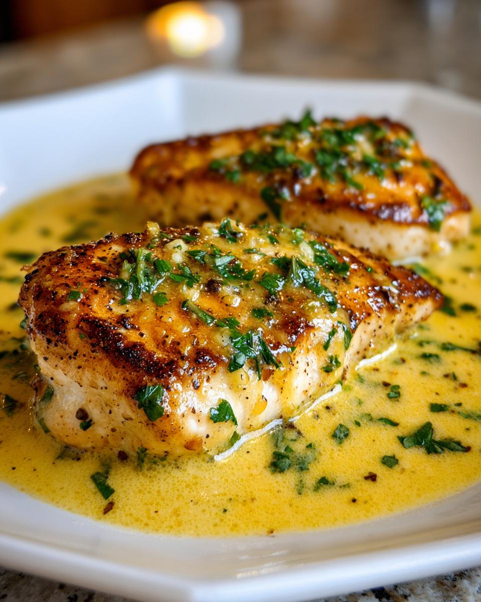 Two pan-seared chicken breasts covered in a rich, creamy lemon sauce and fresh parsley.