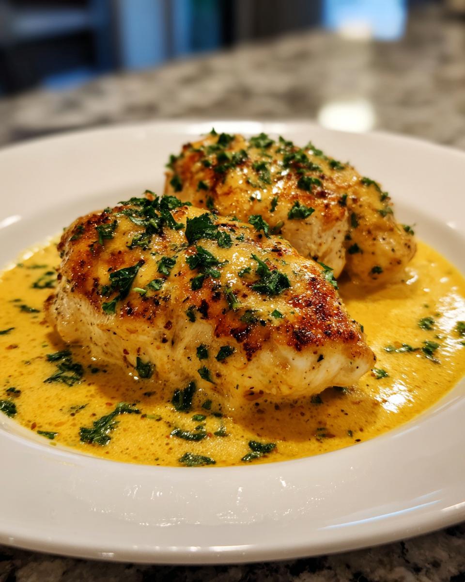 Two golden-brown chicken breasts served in a rich, yellow creamy lemon chicken sauce, topped with fresh parsley.