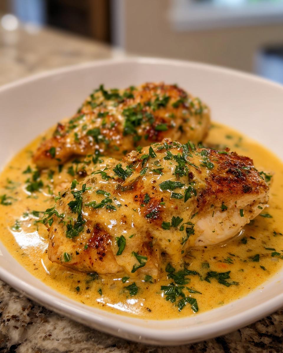 Two golden-brown chicken breasts smothered in a rich, yellow creamy lemon chicken sauce and topped with fresh parsley.
