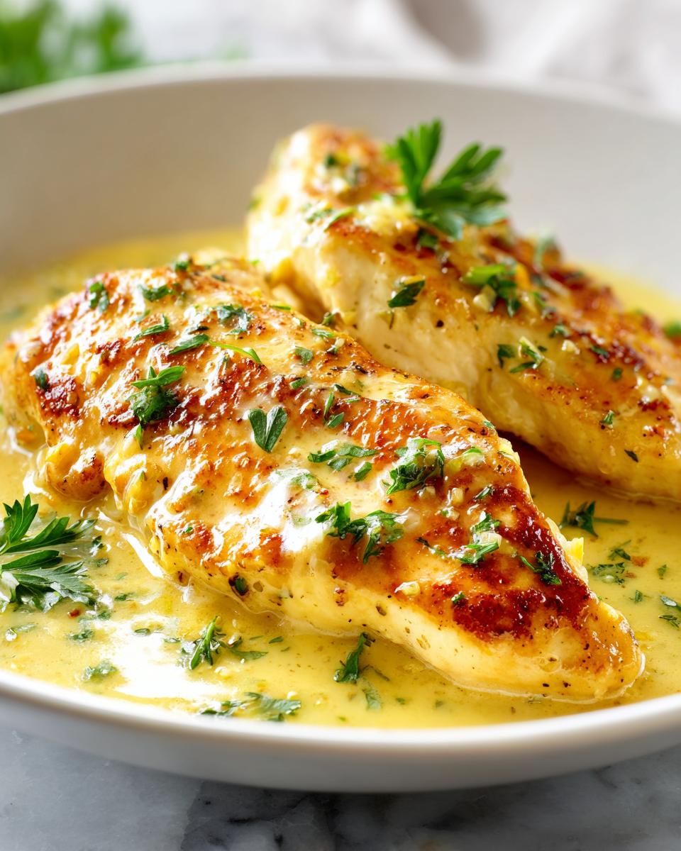 Two golden-brown chicken breasts smothered in a rich, creamy lemon sauce and topped with fresh parsley.