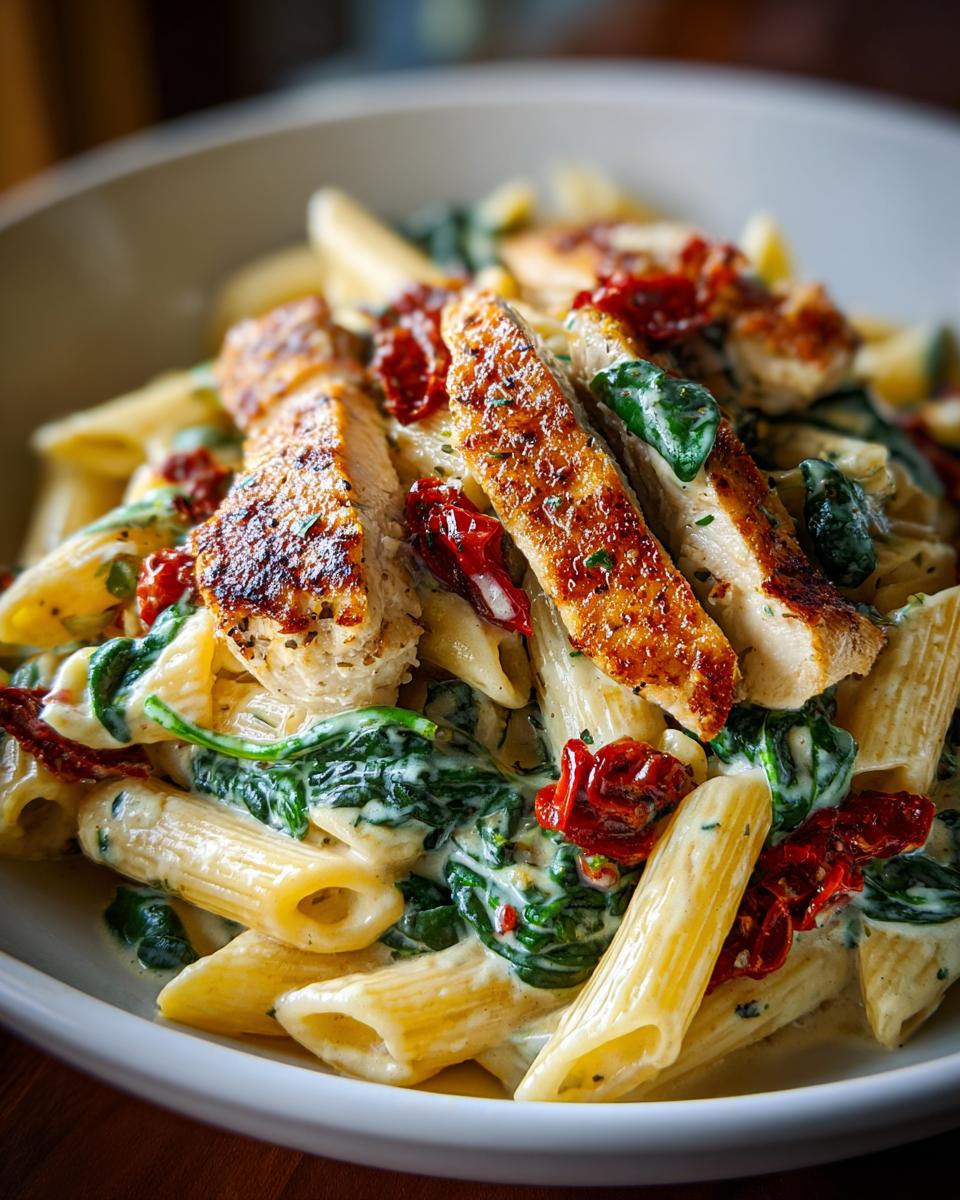 Close-up of creamy marry me chicken pasta featuring penne, sliced seasoned chicken, spinach, and sun-dried tomatoes.
