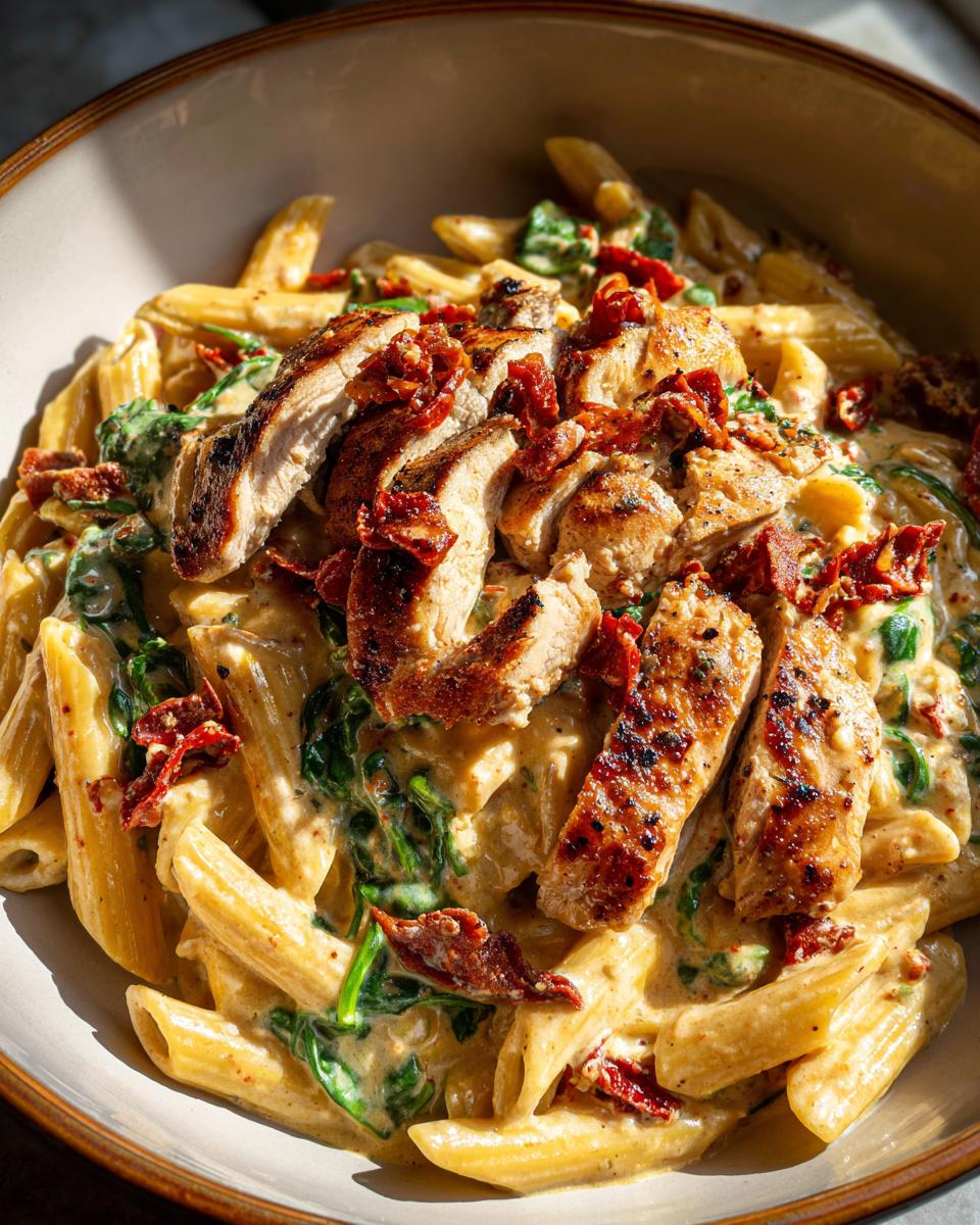 A bowl of creamy marry me chicken pasta featuring penne, grilled chicken slices, spinach, and sun-dried tomatoes.
