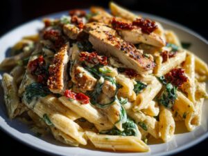 Close-up of creamy marry me chicken pasta featuring penne, grilled chicken slices, spinach, and sun-dried tomatoes.