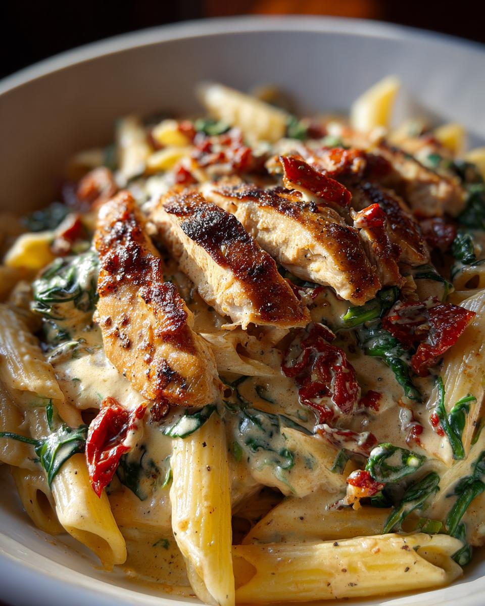 Close-up of creamy marry me chicken pasta featuring penne, spinach, sun-dried tomatoes, and sliced grilled chicken.