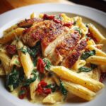 Close-up of creamy marry me chicken pasta featuring sliced, seared chicken breast over penne, spinach, and sun-dried tomatoes.