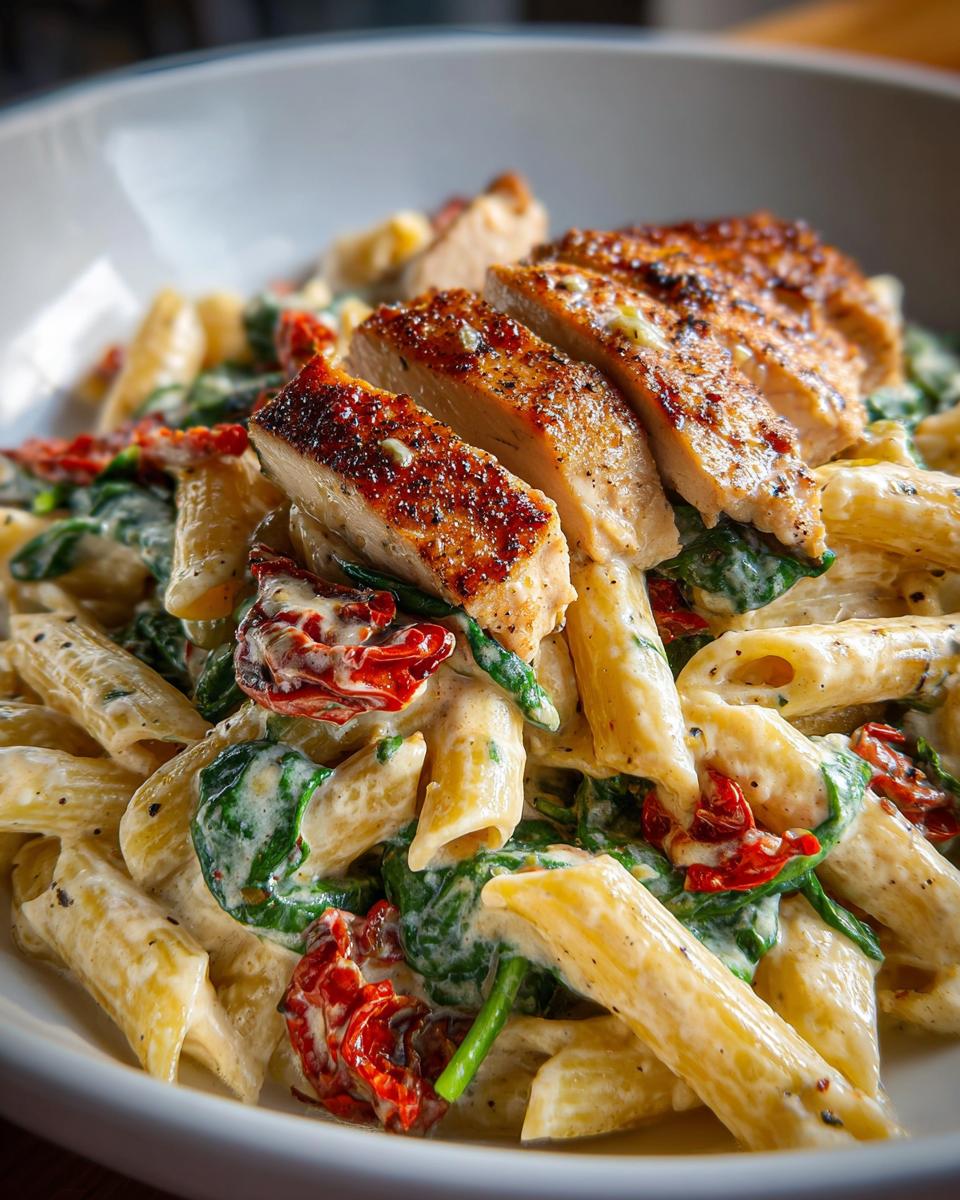 A bowl of creamy marry me chicken pasta featuring penne, spinach, sun-dried tomatoes, and sliced seasoned chicken breast.