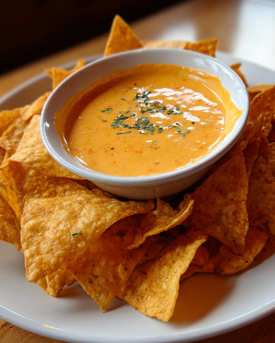 A white bowl filled with creamy orange nacho cheese dip, garnished with herbs, surrounded by tortilla chips on a white plate.