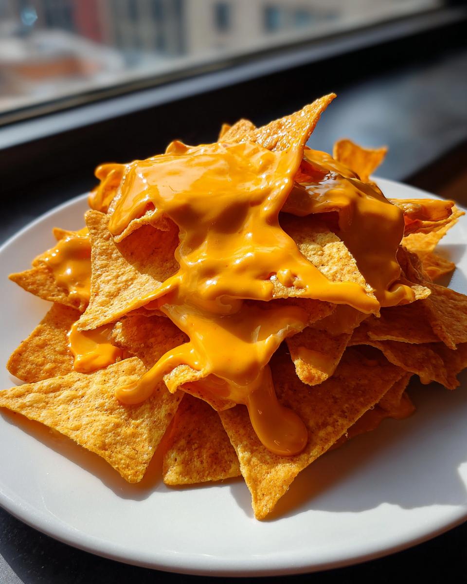 Close-up of tortilla chips smothered in thick, creamy nacho cheese sauce, served on a white plate.