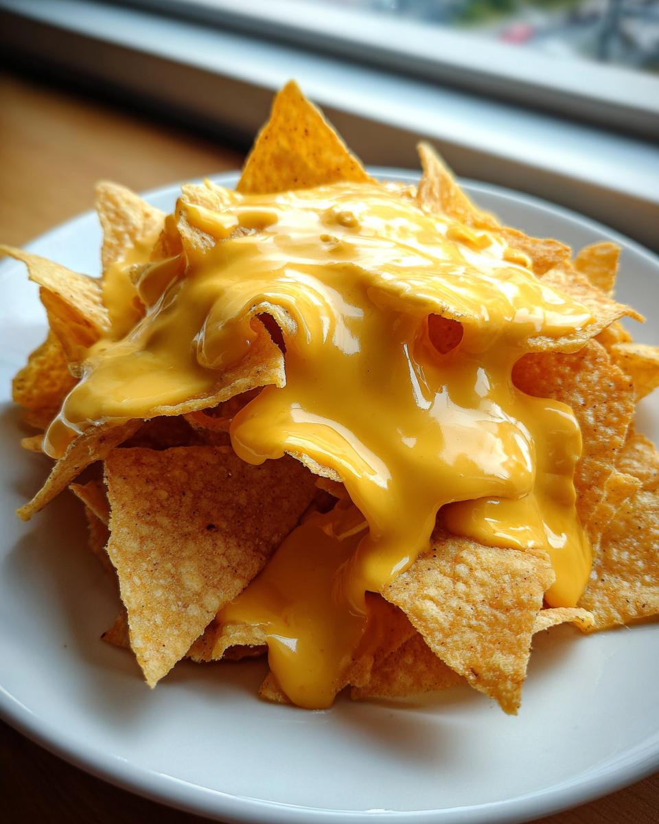 A pile of tortilla chips generously covered in smooth, bright yellow nacho cheese sauce on a white plate.